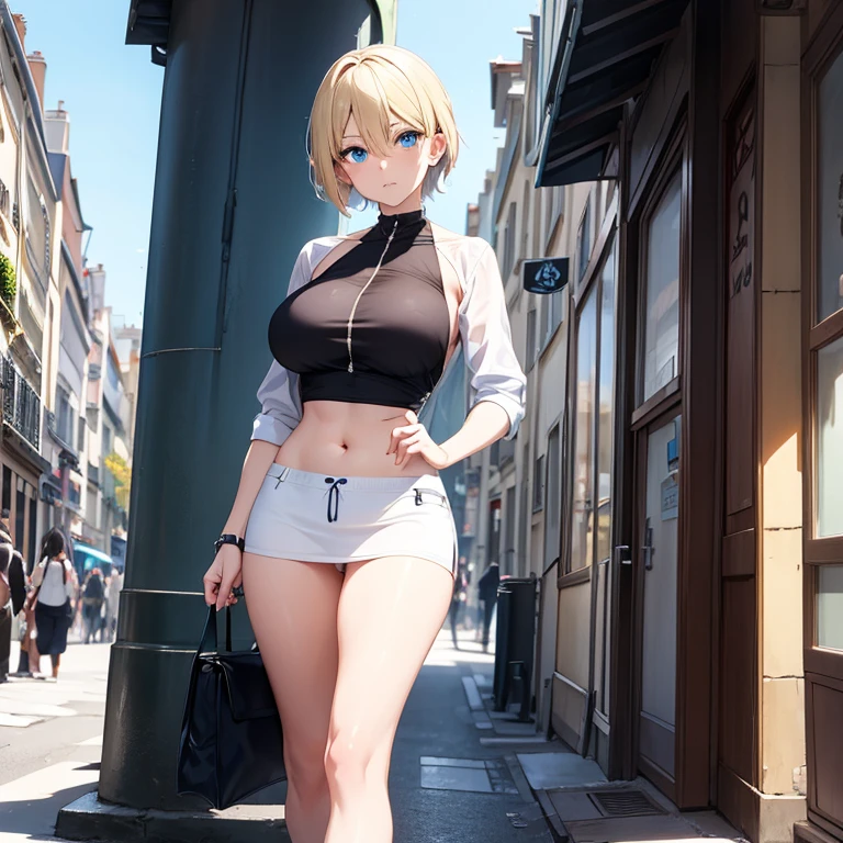 2D anime style、blue eyes、The eyes sparkled beautifully.,The breasts will become slightly larger.、Cool adult woman with short blonde hair and a serious expression....、Fashion that shows off your belly, Walking the streets of Paris,
,Leotard, Psychopath likes to show off.,