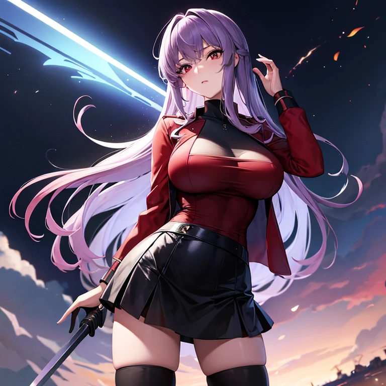 masterpiece,top-quality,anew returner,heroine of gundam 00,1girl,solo,light purple hair,outside splash hair,neckline is a little long,red eyes,beauty,very huge breasts,narrow waist,bust size is 100cm,Beautiful Finger,Beautiful long legs,Beautiful body,Beautiful nose,Beautiful character design,Perfect eyes, Perfect face,black inner,red jacket,black knee socks,sky bule skirt,black gloves,black boots,Carrying a blue-bladed Japanese sword,swordsman,Standing on a sky bule magic circle