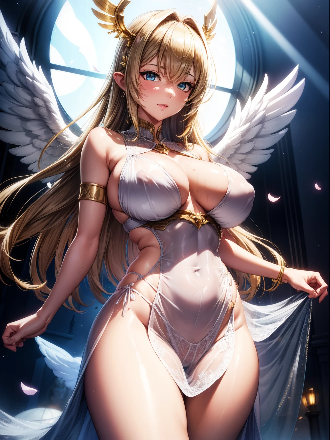 (8K ,hyper-detailing,ultra real photo,Best masterpiece,natural,Perfect artwork,Perfect female body),Cute busty girl ,Hair color,(large tities),Angelic,obsessed,the angel's wings,The halo,Beautiful church,beautiful rain of petals,Gorgeous accessories,golden brilliance,Wearing a see-through sexy gauze skirt,Sexy transparent dress,ssee-through,Built-in thong,The cracks are relatively large,stretch the meat,Raised sexy,Flirtatious,obscene exposure