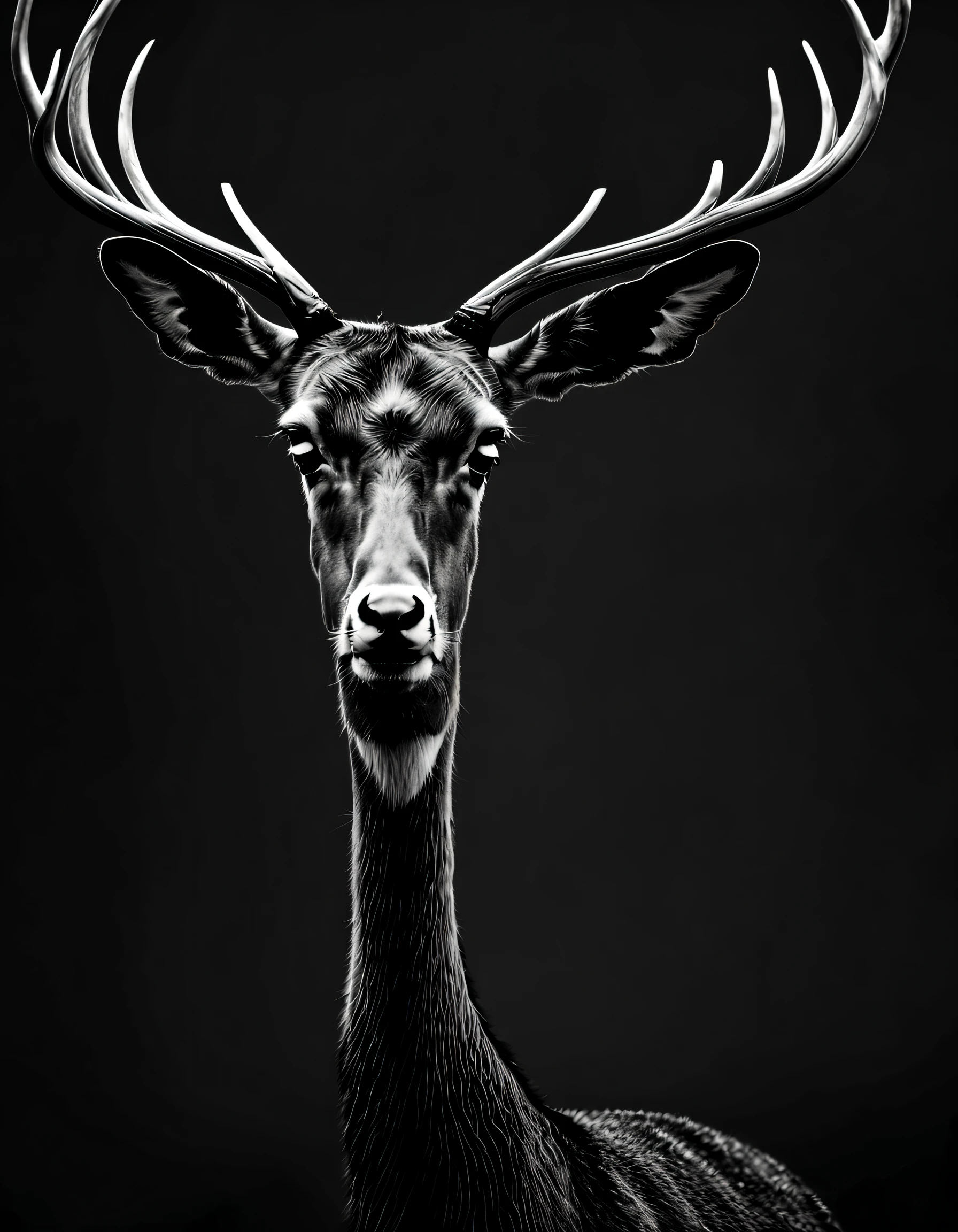 Spellbinding closeup portrait of wild deer, minimalist, eternal melancholy, in the style of fashion photography, dramatic firefly light, black on black, asymmetric composition, conceptual fantasy, intricate details --ar 1:2 --s 750 --q 2