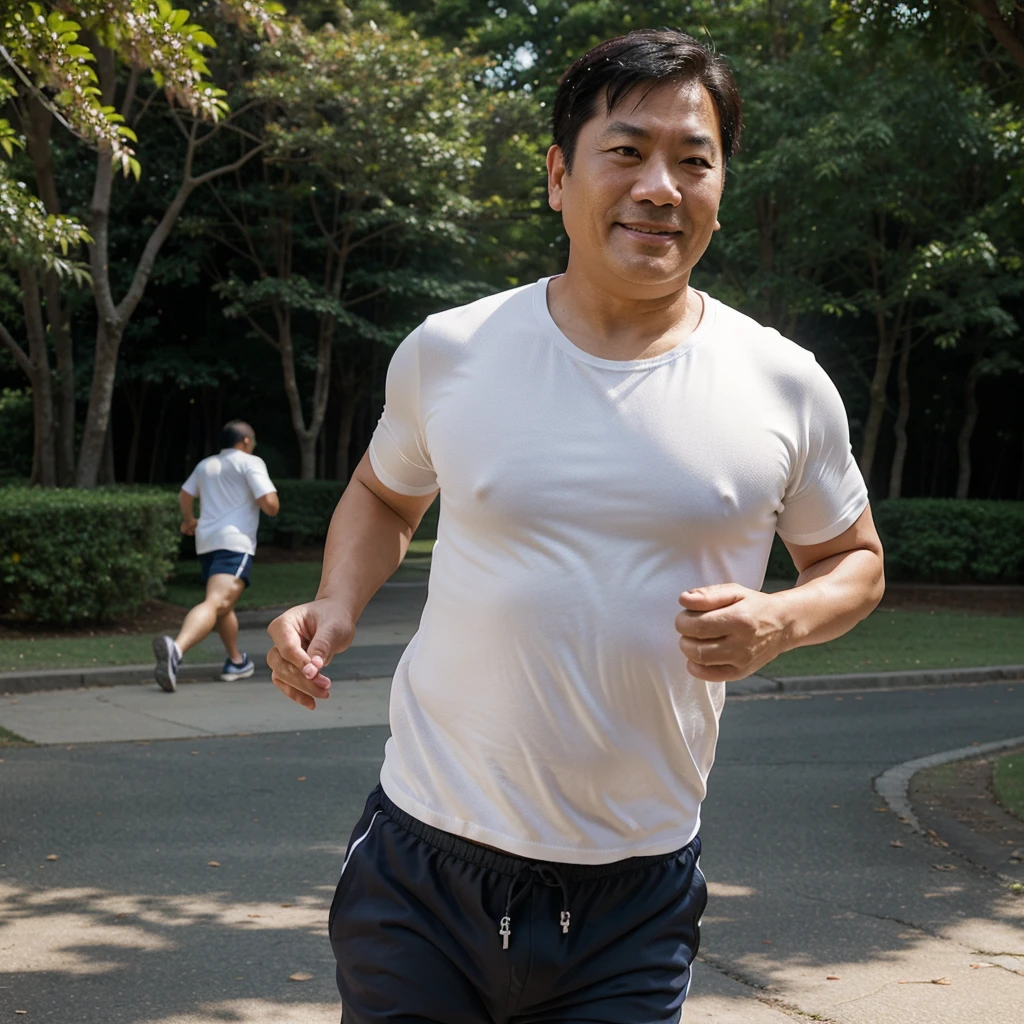 Realistic，Asian middle-aged man，55 years old，Slightly fat，of a shirtless，a park，jogging，ssmile，shorts
