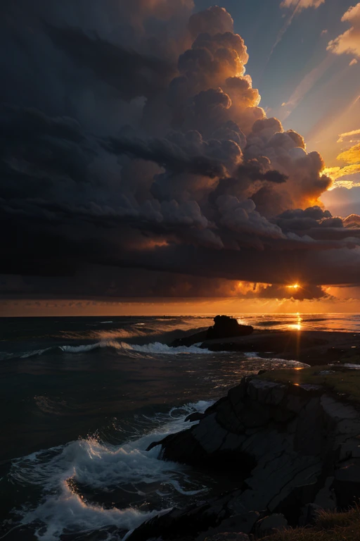 Create an image of a sunrise breaking through storm clouds.