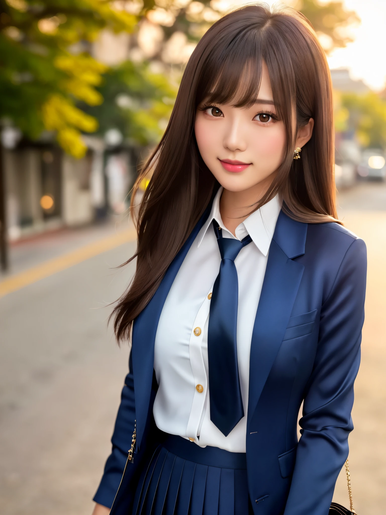 product quality, 1girl, upper body shot, front view, a Japanese young pretty woman, long bob hair, walking alone with a big smile on a crowded sidewalk in the sunset, glamorous figure, wearing a dark blue blazer over a white collared silky satin shirt, shiny satin dark blue plain long tie, dark blue pleated long skirt, school bag over her shoulder, hyper cute face, glossy lips, double eyelids in both eyes, natural makeup, long eyelashes, shiny smooth light brown long bob hair, asymmetrical bangs, a tanned skin, central image, high resolution, high detail, detailed hairstyle, detailed face, spectacular cinematic lighting, octane rendering, vibrant, hyper realistic, perfect limbs, perfect anatomy