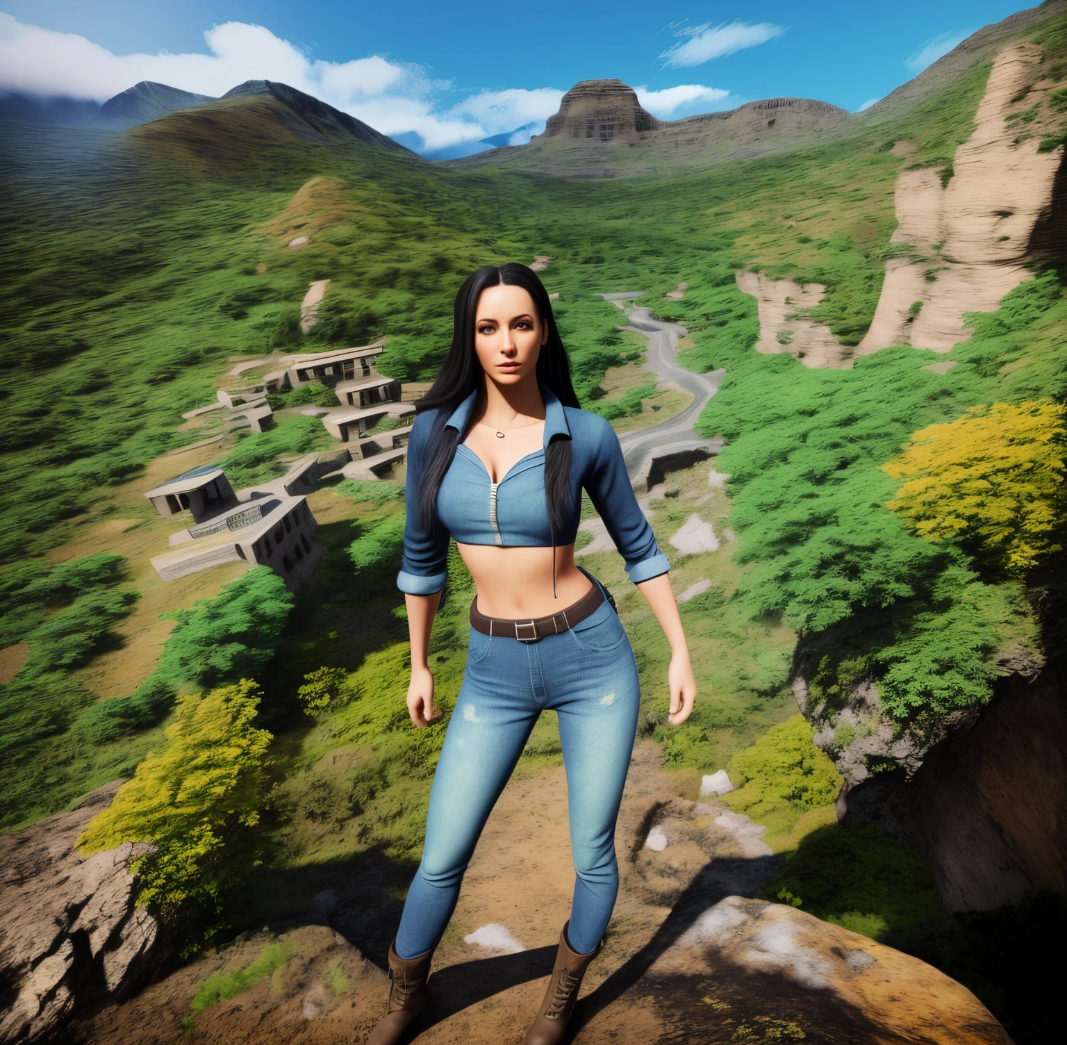 there is a woman standing on a hill with a camera, aventura render hiper realista, distant full body view, in a scenic background, roupas de caminhada, foto de retrato de pintura fosca, girl walking in a canyon, Nico Robin, edited not Photoshop, Avatar do Second Life, James Cameron Estilo Avatar, blue jeans. Unreal 5, realistic fantasy rendering, girl standing on mountain