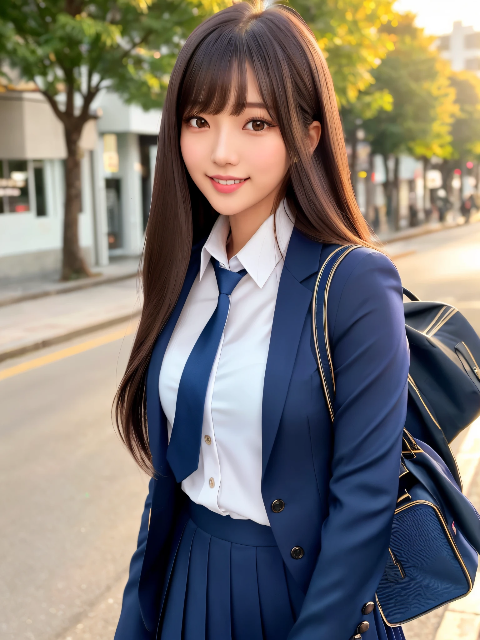 product quality, 1girl, upper body shot, front view, a Japanese young pretty woman, long bob hair, walking alone with a big smile on a crowded sidewalk in the sunset, glamorous figure, wearing a dark blue blazer over a white collared silky satin shirt, shiny satin dark blue plain long tie, dark blue pleated long skirt, school bag over her shoulder, hyper cute face, glossy lips, double eyelids in both eyes, natural makeup, long eyelashes, shiny smooth light brown long bob hair, asymmetrical bangs, a tanned skin, central image, high resolution, high detail, detailed hairstyle, detailed face, spectacular cinematic lighting, octane rendering, vibrant, hyper realistic, perfect limbs, perfect anatomy