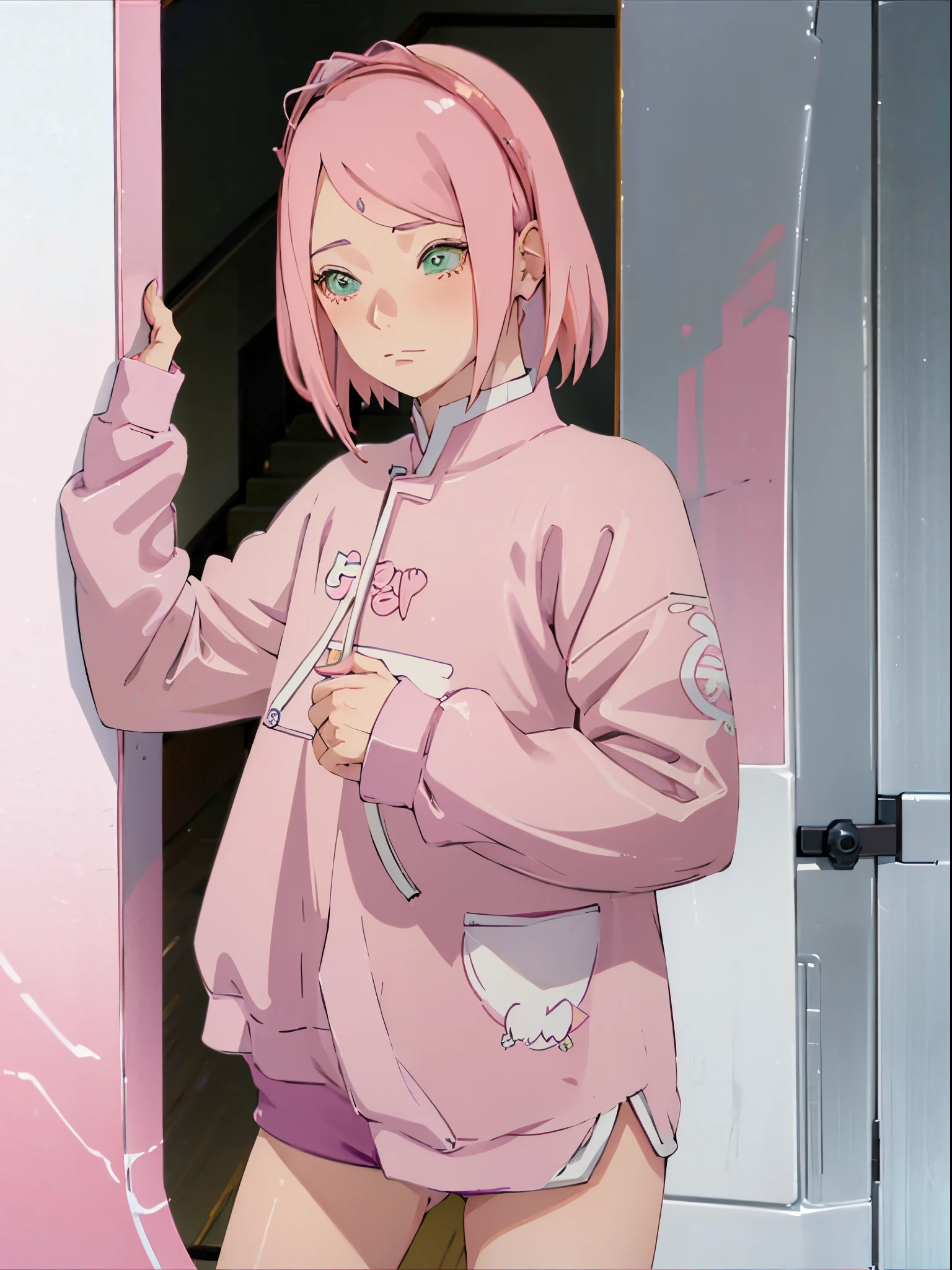 One girl、Pink hair、PastelColors、Cute、blush, tiny chest, oversize hoodie