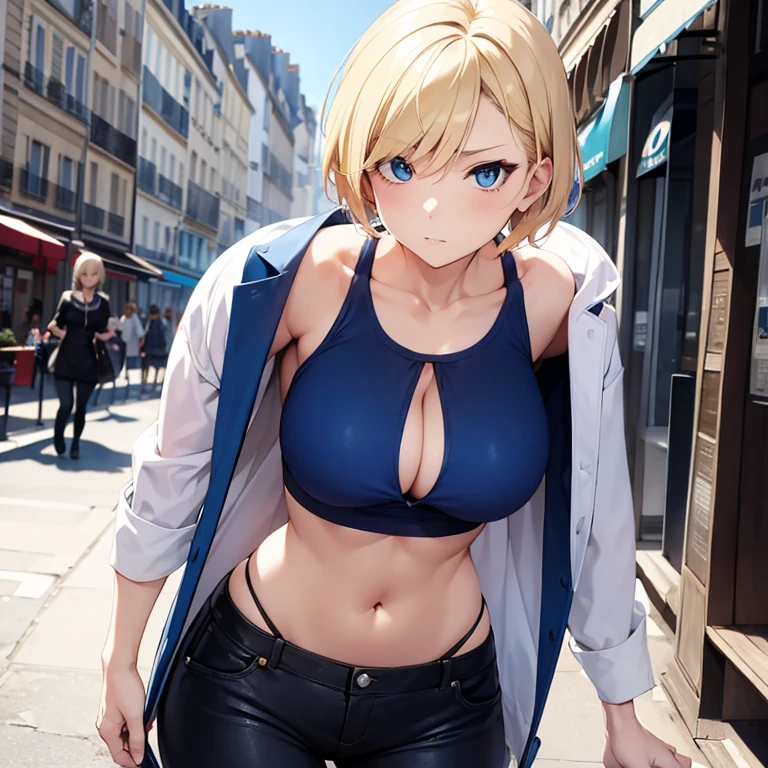 2D Anime Style、Blue eyes、breasts are slightly larger、A cool adult woman with short blonde hair and a serious expression....、Fashion that shows off your stomach, Walking the streets of Paris,