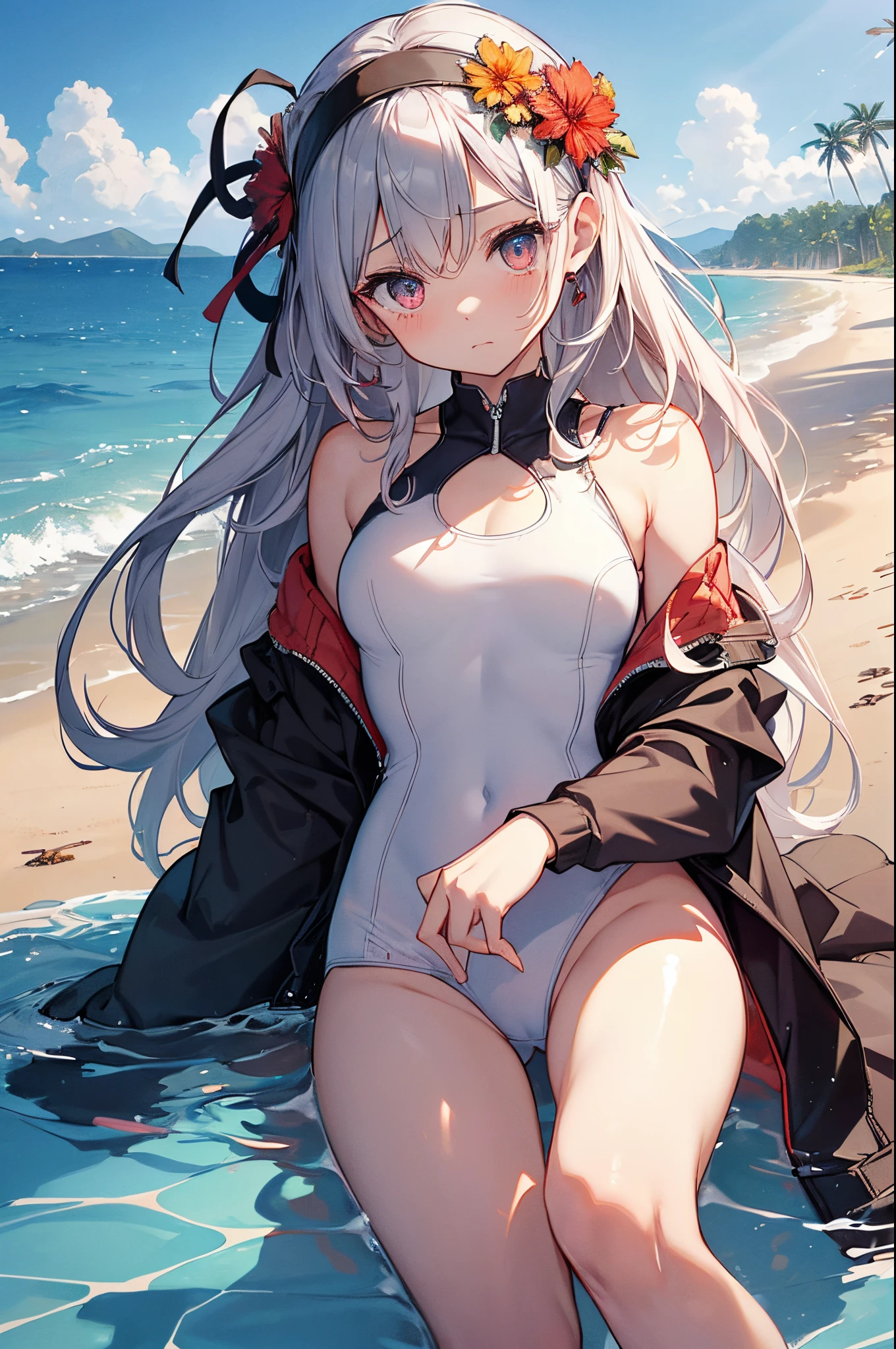 ((2D beautiful girl：1.5、top-quality：1.5、Perfect fingers:1.1、perfect anatomia:1.1、Dress perfectly、Beautiful illustration))、cute petit girl、(transform sequence)、((cute decorative headbands、Competitive swimsuit))、10yaers old、Lori、Solio、Fractal Art、baby-face、((stright long hair))、Beautiful big drooping eyes、Red in the face and embarrassed、dismay、Teary-eyed、（fullllbody）、((1 persons))、Against the background of blue sky and sandy beach、