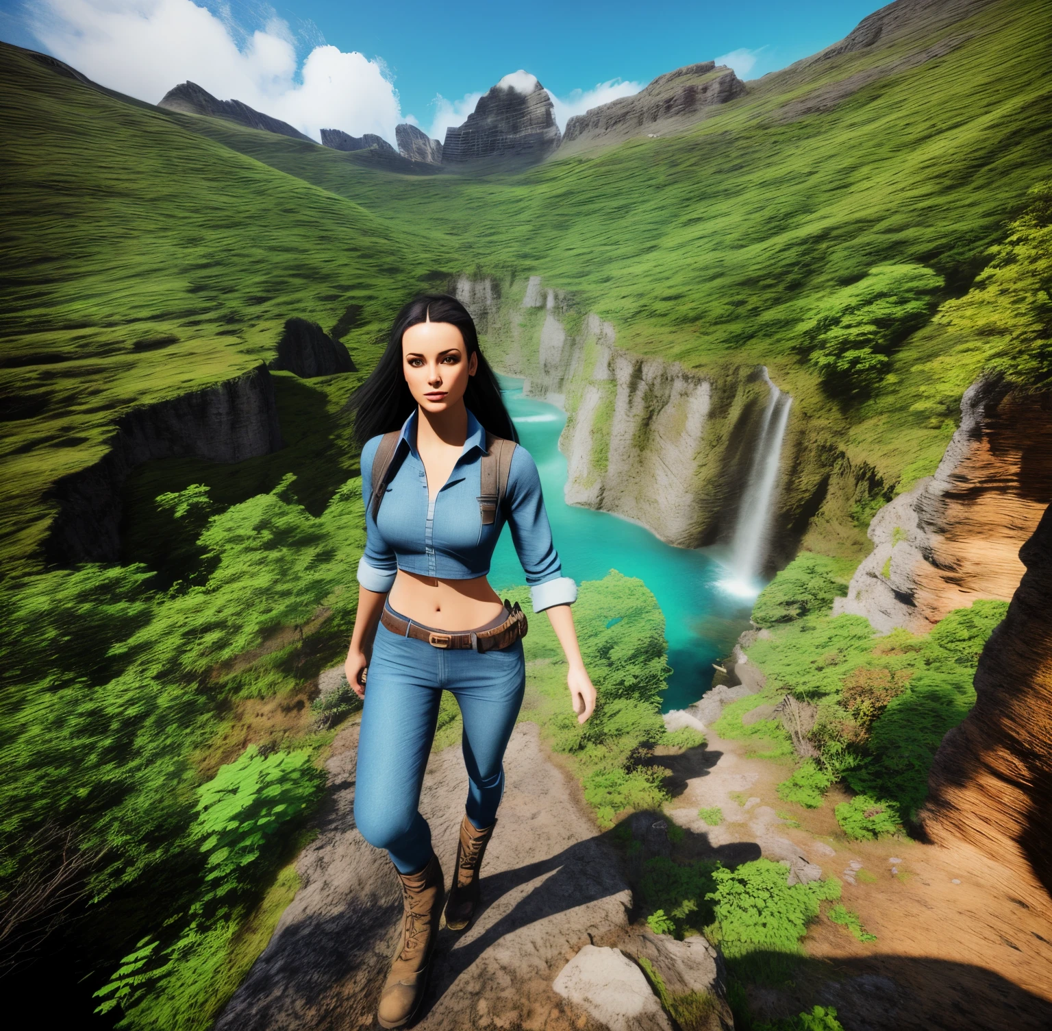 there is a woman standing on a hill with a camera, aventura render hiper realista, distant full body view, in a scenic background, roupas de caminhada, foto de retrato de pintura fosca, girl walking in a canyon, Nico Robin, edited not Photoshop, Avatar do Second Life, James Cameron Estilo Avatar, blue jeans. Unreal 5, realistic fantasy rendering, girl standing on mountain