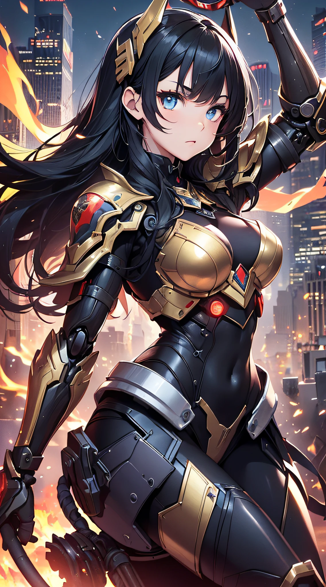 top-quality、Top image quality、masterpiece、girl with((red and black mechanical body armor、blue mechanic arm、white leg arms、Shining gold body line、sixteen years old、 ager、cute little、Best Bust、big bast,Beautiful light blue eyes、Breasts wide open, Black hair semi-long、A slender,Large valleys、belligerent movements,glowing whip、Warlike face、fighting poses、red glowing shield、Japanese sword shining red、Bruised body、Red muffler)),hiquality、Beautiful Art、Background with((Mechanical City、TOKYOcty)))、Depth((Black Giant Robot)),masutepiece、depth of fields,Cinematic style