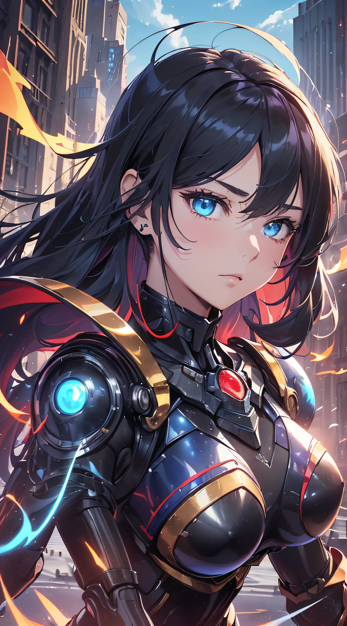 top-quality、Top image quality、masterpiece、girl with((red and blue mechanical body armor、red mechanic arm、purple leg arms、Shining gold body line、、teen ager、cute lit Bust、big bast,Beautiful light blue eyes、Breasts wide open, Black hair semi-long、A slender,Large valleys、belligerent movements,glowing whip、Warlike face)),hiquality、Beautiful Art、Background with((New york city、Pillar of fire,flying sword of light)))、Depth((Black Giant Robot)),masutepiece、depth of fields,Cinematic style