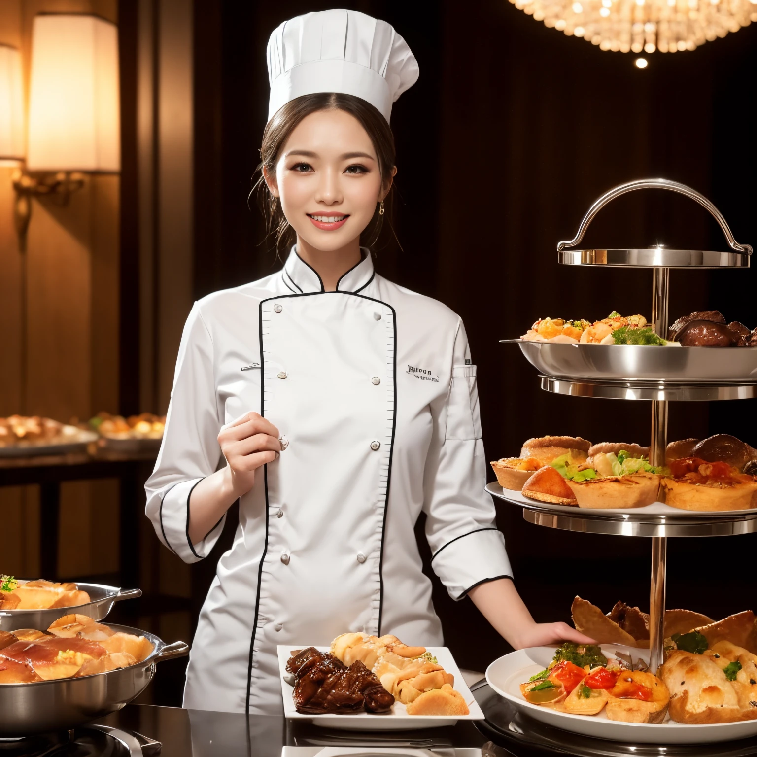 ((top-quality、masutepiece、8K、Top image quality、Hyper-Realism))、(1 photo:1.5)、(Chef's Hat:1.2)、(1 real female chef:1.3)、(standing elegantly:1.1)、(cowboy shot:1.5)、((The background is the most luxurious high-end hotel buffet dining:1.5)、(perfect real chef uniform:1.5)、(Chignon)、Elegant smile、Perfect makeup、long eyelashes、View me、(perfect anatomia:1.3)、large full breasts、bangss