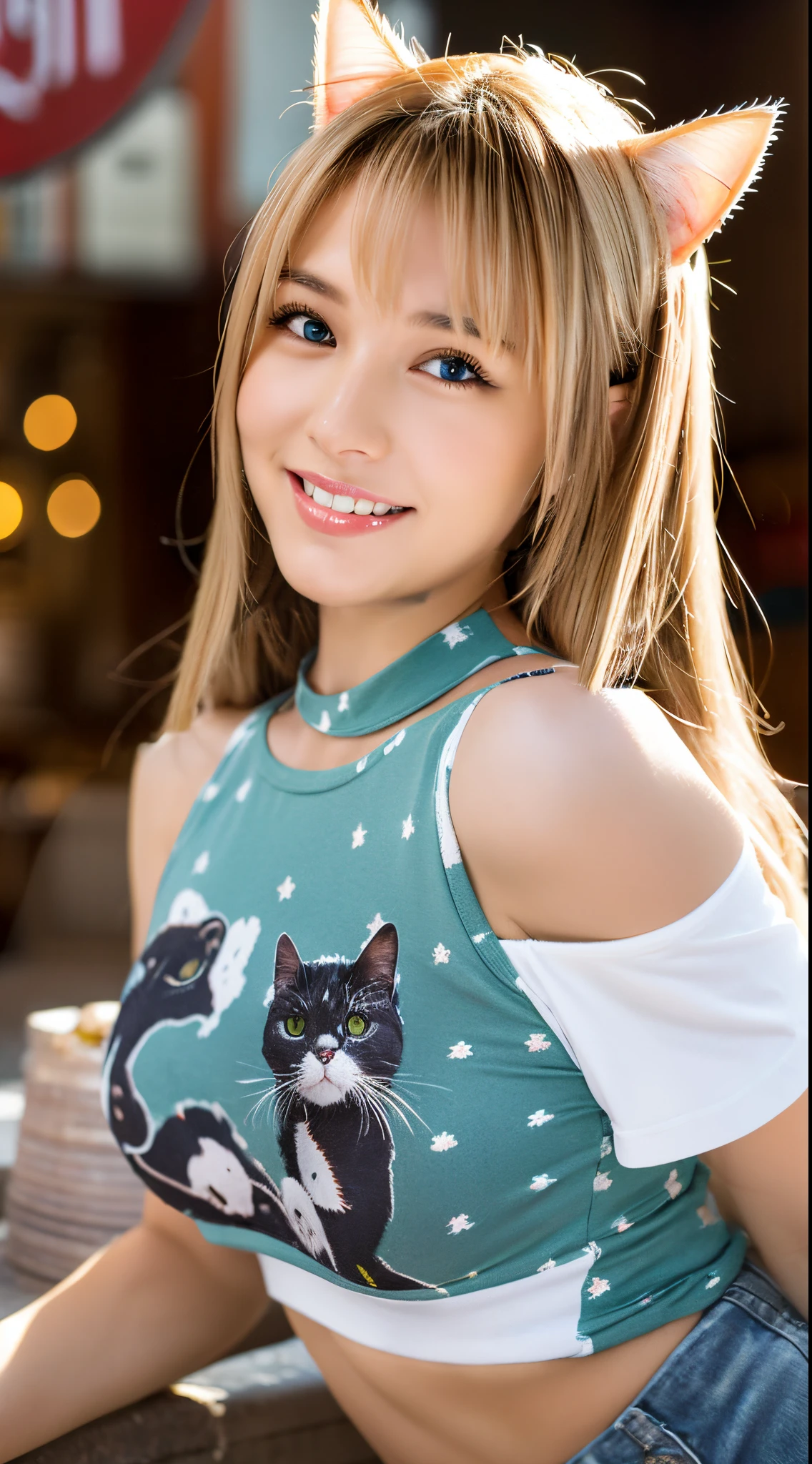 White sexy tank top with an cat-printed logo, big breasts
