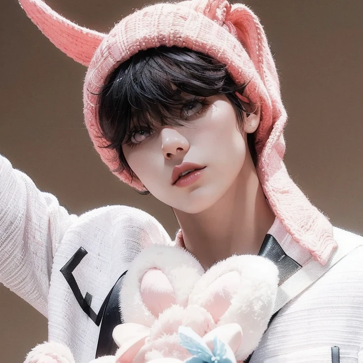 I imagine her changing her hair to pink and lengthening her hair a little., su gorrito rosa y un rostro tierno