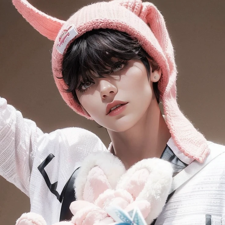 I imagine her changing her hair to pink and lengthening her hair a little., su gorrito rosa y un rostro tierno