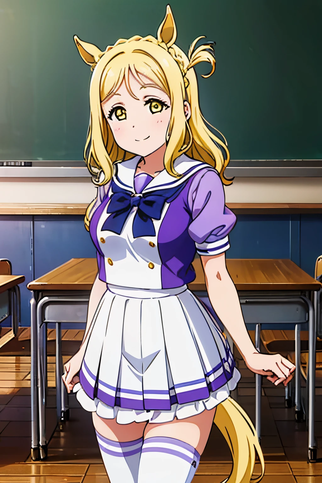 1girl, solo, ohara mari,smile,blonde hair, yellow eyes, crown braid,cowboy shot,{{{horse ear,horse tail:1.4}}},tracen school uniform, summer uniform,white skirt, serafuku, puffy short sleeves, bowtie, horseshoe ornament, sailor collar, sailor shirt, frills, white skirt, purple shirt, miniskirt, zettai ryouiki, white thighhighs, brown footwear, shoes,classroom