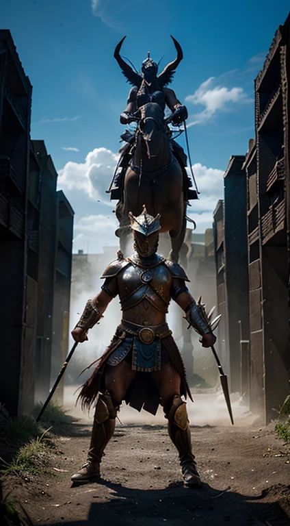 Create an image of a warrior facing a mythical creature representing challenges.