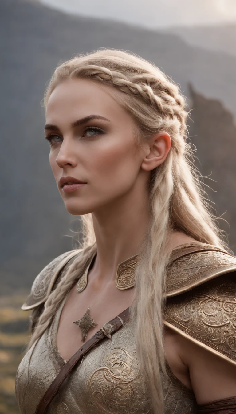 A realistic prompt for a photograph of an elven warrior with the appearance of a Viking. Her body is incredibly defined, muscular, and feminine, reflecting both strength and grace. Her blonde hair cascades in multiple braids, adorned with intricate details. Her clear green eyes emit a radiant energy, giving her an almost otherworldly aura. Her thick and precisely shaped eyebrows frame her striking and perfectly symmetrical face. The elven warrior is clad in armor that accentuates her physique while allowing for fluid movement. The attire hugs her body, emphasizing her powerful form. Her expression is one of solemn determination, reflecting her readiness for battle. In the background, an active volcano spews fiery plumes, its molten intensity contrasting with the grey sky above. The landscape, with its dynamic and fierce elements, serves as a fitting backdrop to this formidable warrior. The tumultuous surroundings mirror the intensity and strength that emanate from the elven Viking. The chosen camera captures the warrior's entire body, showcasing both her warrior-like stance and her inherent elegance. The image conveys the seamless blend of beauty, power, and fierceness that defines this elven Viking. The contrast between her delicate features and her robust physique, combined with the fiery backdrop, creates an image that is both captivating and evocative, Cinematic, Hyper-detailed, insane details, Beautifully color graded, Unreal Engine, DOF, Super-Resolution, Megapixel, Cinematic Lightning, Anti-Aliasing, FKAA, TXAA, RTX, SSAO, Post Processing, Post Production, Tone Mapping, CGI, VFX, SFX, Insanely detailed and intricate, Hyper maximalist, Hyper realistic, Volumetric, Photorealistic, ultra photoreal, ultra-detailed, intricate details, Super detailed, Full color, Volumetric lightning, HDR, Realistic, Unreal Engine, 16K, Sharp focus, Octane render