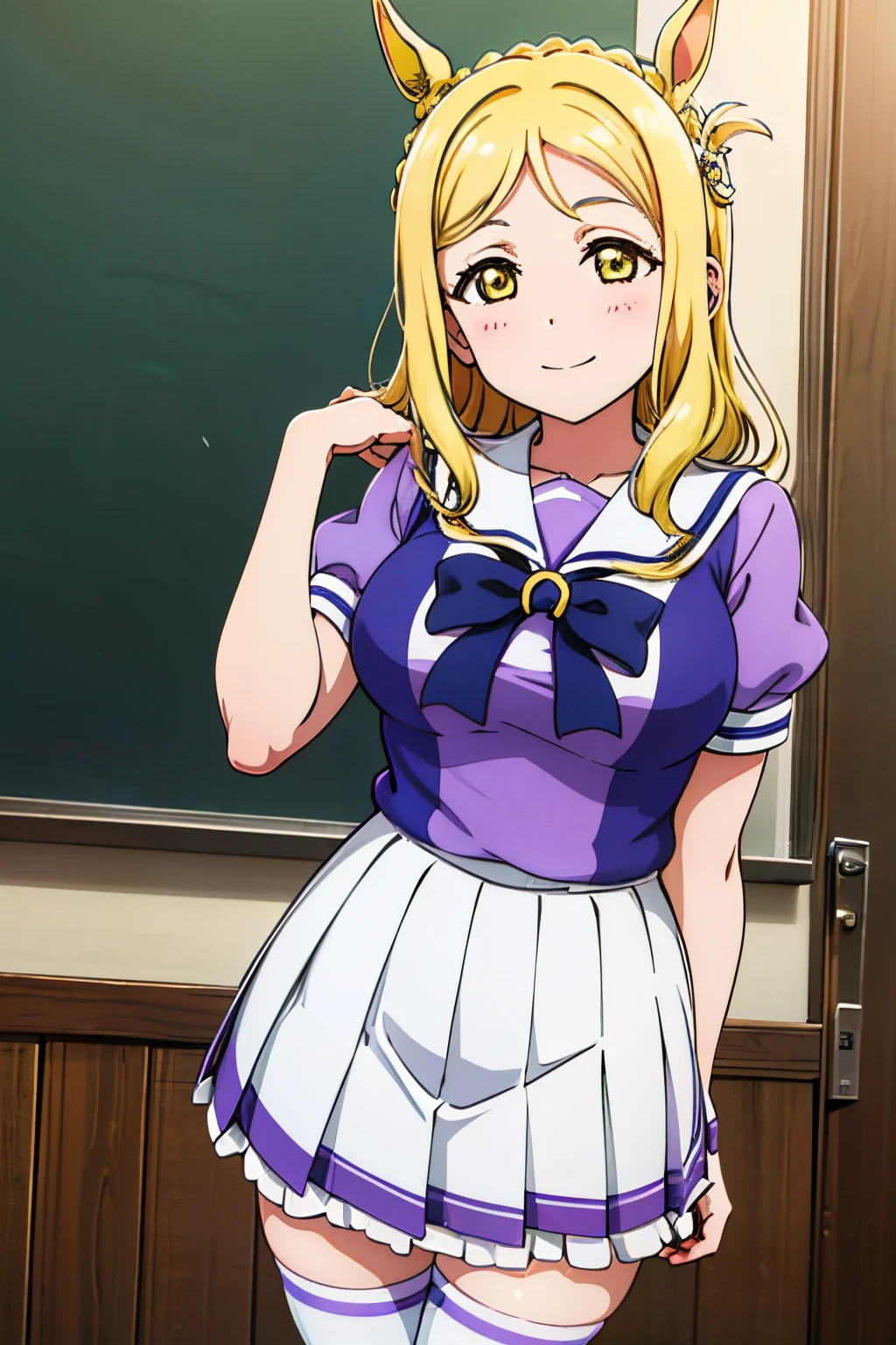 1girl, solo, ohara mari,smile,blonde hair, yellow eyes, crown braid,cowboy shot,{{{horse ear,horse tail:1.4}}},tracen school uniform, summer uniform,white skirt, serafuku, puffy short sleeves, bowtie, horseshoe ornament, sailor collar, sailor shirt, frills, white skirt, purple shirt, miniskirt, zettai ryouiki, white thighhighs, brown footwear, shoes,classroom,looking at viewer