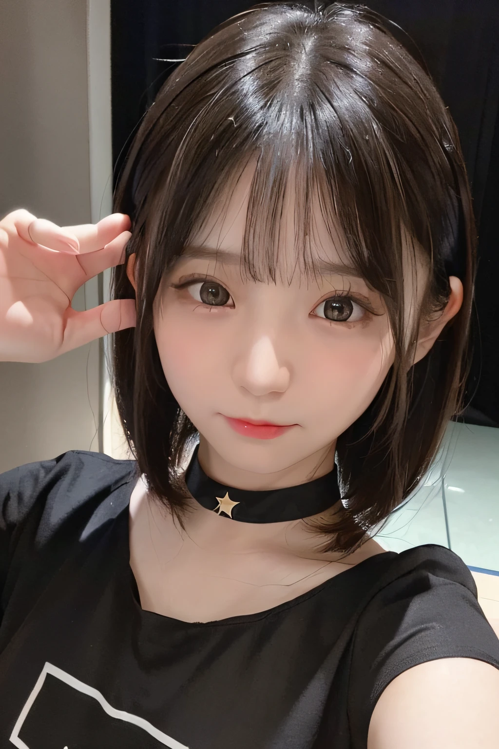 Best Quality, Photorealistic, 8K, hight resolution, fulcolor, 1girll, Woman, 8ars old, (Closed mouth:1.73), ((Pitch black background))，Lori elace、Cute idol face，With fair skin，semi transparent， view the viewer:1.8, (one girl looking at the viewer、Clear brown eyes:1.55), (Straight Bob, Black hair, parted hair:1.45), (Bokeh)、flat chest、Star Hairpin、Wearing a black Y-shirt,(((Looking at the camera)))、Black Choker