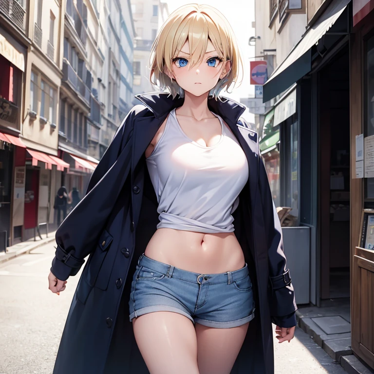 2D Anime Style、Blue eyes、breasts are slightly larger、A cool adult woman with short blonde hair and a serious expression....、Fashion to show your stomach and wear a coat, Walking the streets of Paris,