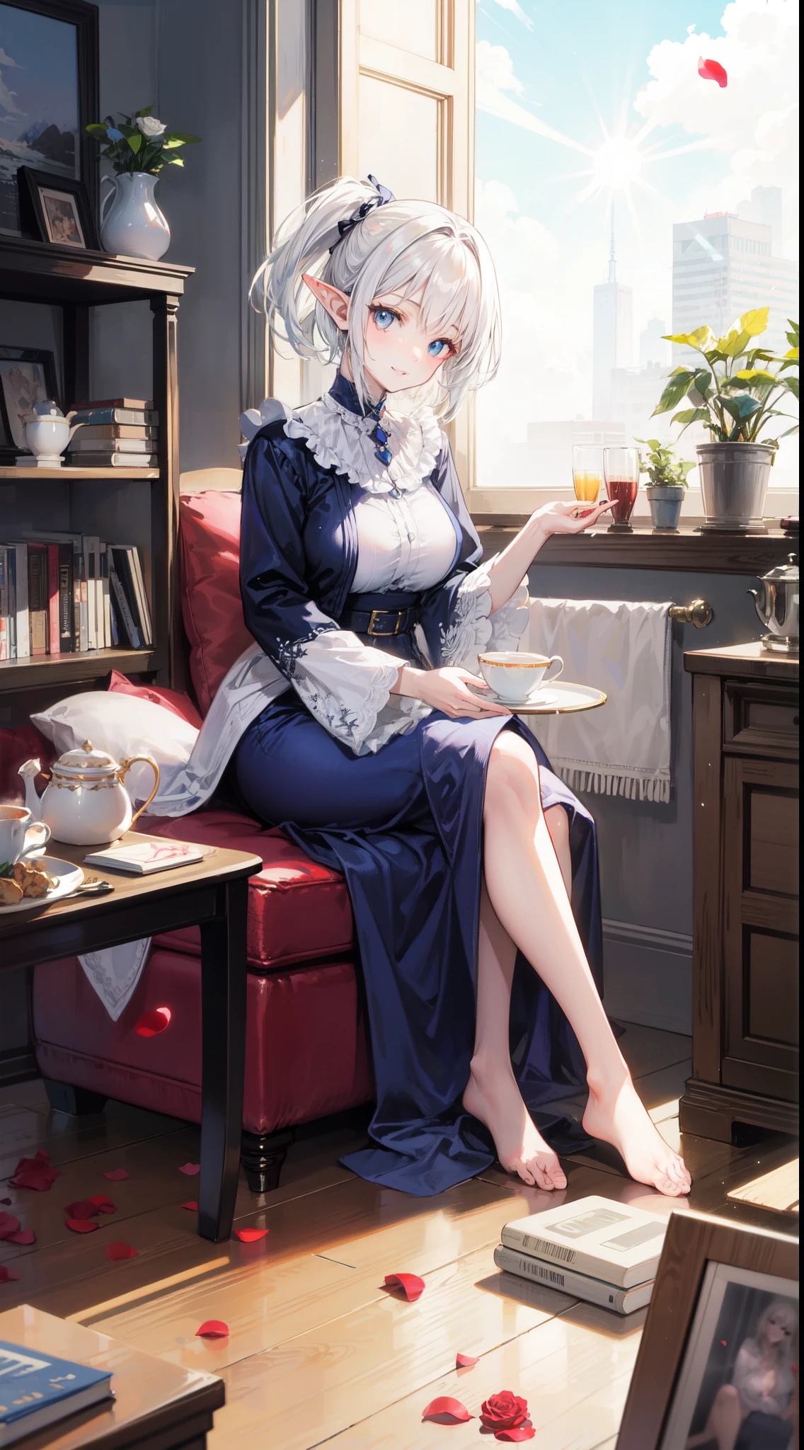 extremely detailed, illustration, sharp focus, (elf), (1girl), light smile, (beautiful detailed eyes, face), looking at viewer,sharp focus,masterpiece,full body, Large breasts, normal angle, Tilting Head, light Smile, Light pink lips, (white hair, sidelock, Pixie cut), Deep Blue Eyes, sitting, modern, messy room tea set, (light particles),(rose petals), (glowing light, lens flare), By Artgem, by Yusuke Murata