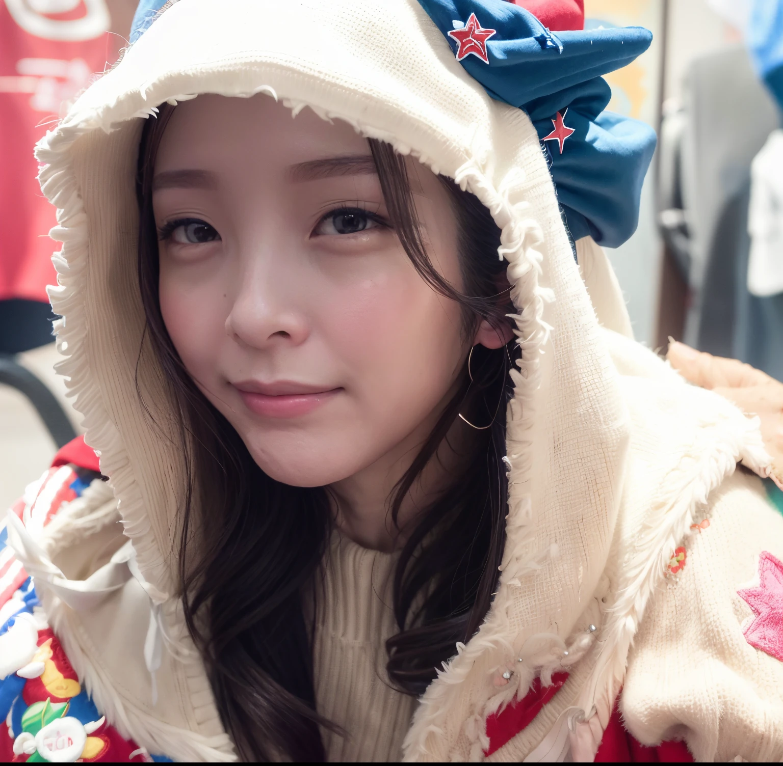 arafed woman in a red, white and blue jacket with stars ⭐️ and a hood, dilraba dilmurat, ruan cute vtuber, sakimichan, pokimane, wan adorable korean face, belle delphine, 1 8 yo, ulzzang, xintong chen, wenfei ye, cutecore, girl wearing hoodie, korean girl
