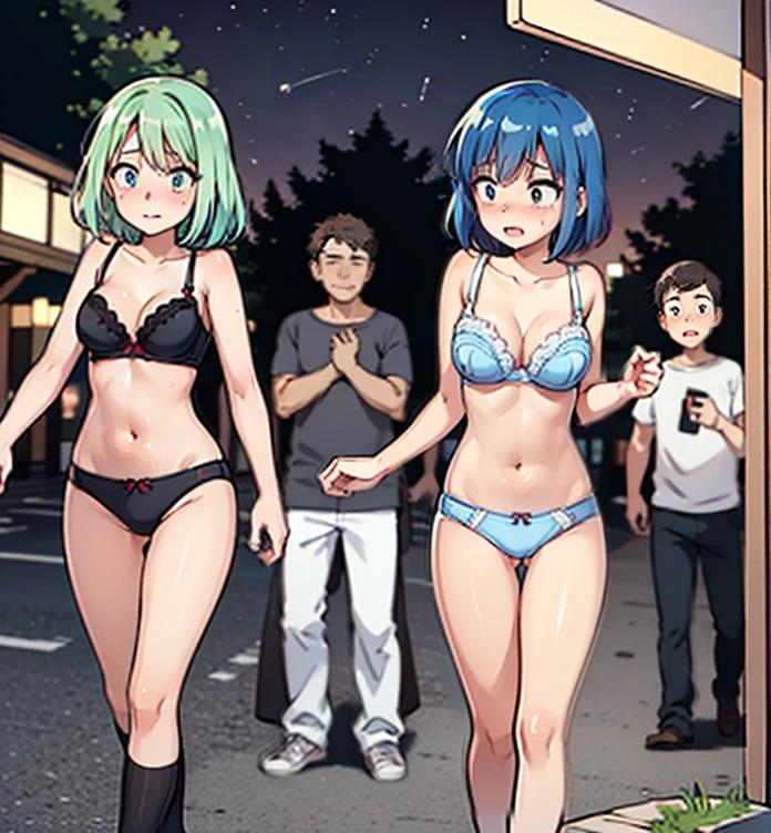 sexy girl walking home, casually walking, outside, crowded area, crowd in foreground, ctowd taking pictures, wearing bra and panties, wearing only underwear, knee high socks, shoes full body, short blue hair, shy, enf, embarrassed