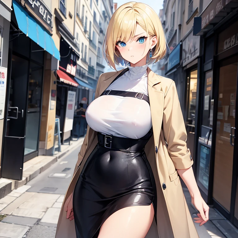 2D Anime Style、Blue eyes、breasts are slightly larger、A cool adult woman with short blonde hair and a serious expression....、Fashion to wear a coat with your stomach exposed, walking alone in the streets of paris,