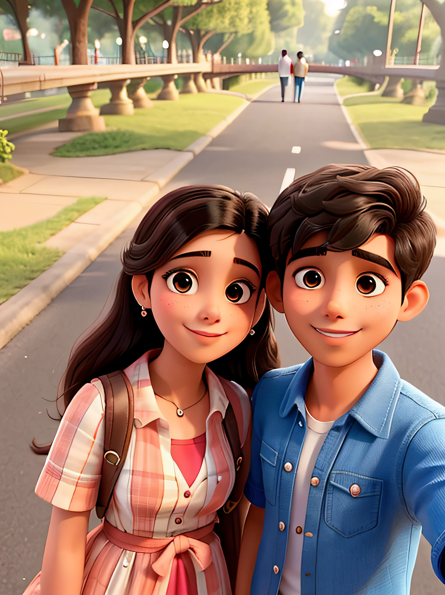 there is a cute beautiful and boy standing next to each other on a road, lovely couple, couple, jayison devadas, in a park, in love selfie, in city street, candid picture, couple pose,, selfie photography, connected with hanging bridge!!, with lovely look, by romantic couple
