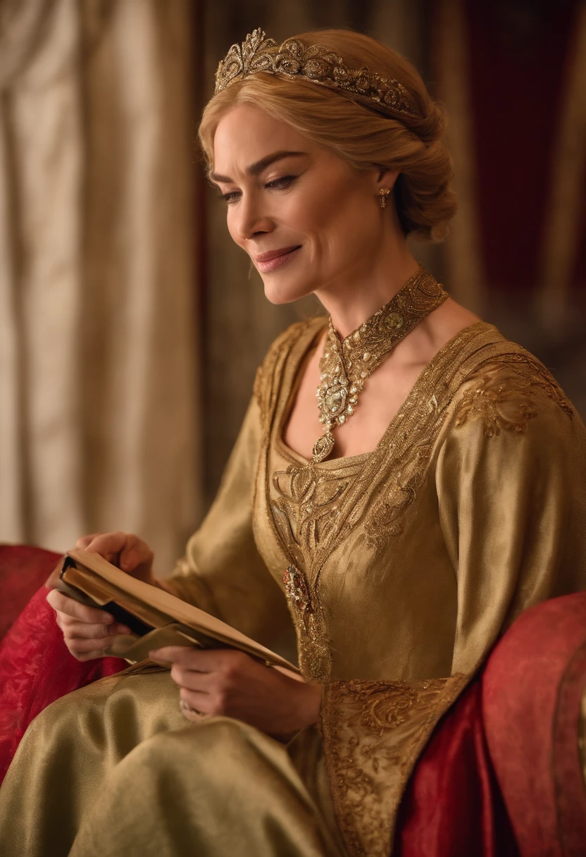 A photo of Cersei holding a freshly signed document, with a triumphant smirk on her face as she admires her own handiwork.,Game of Thrones TV Show,Cersei is pale with golden hair, green eyes, wears red gowns and gold jewelry, famously portrayed by Lena Headey