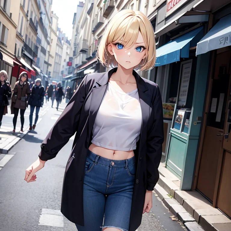 2D Anime Style、Blue eyes、breasts are slightly larger、A cool adult woman with short blonde hair and a serious expression....、Fashion to wear a coat with your stomach exposed, walking alone in the streets of paris,