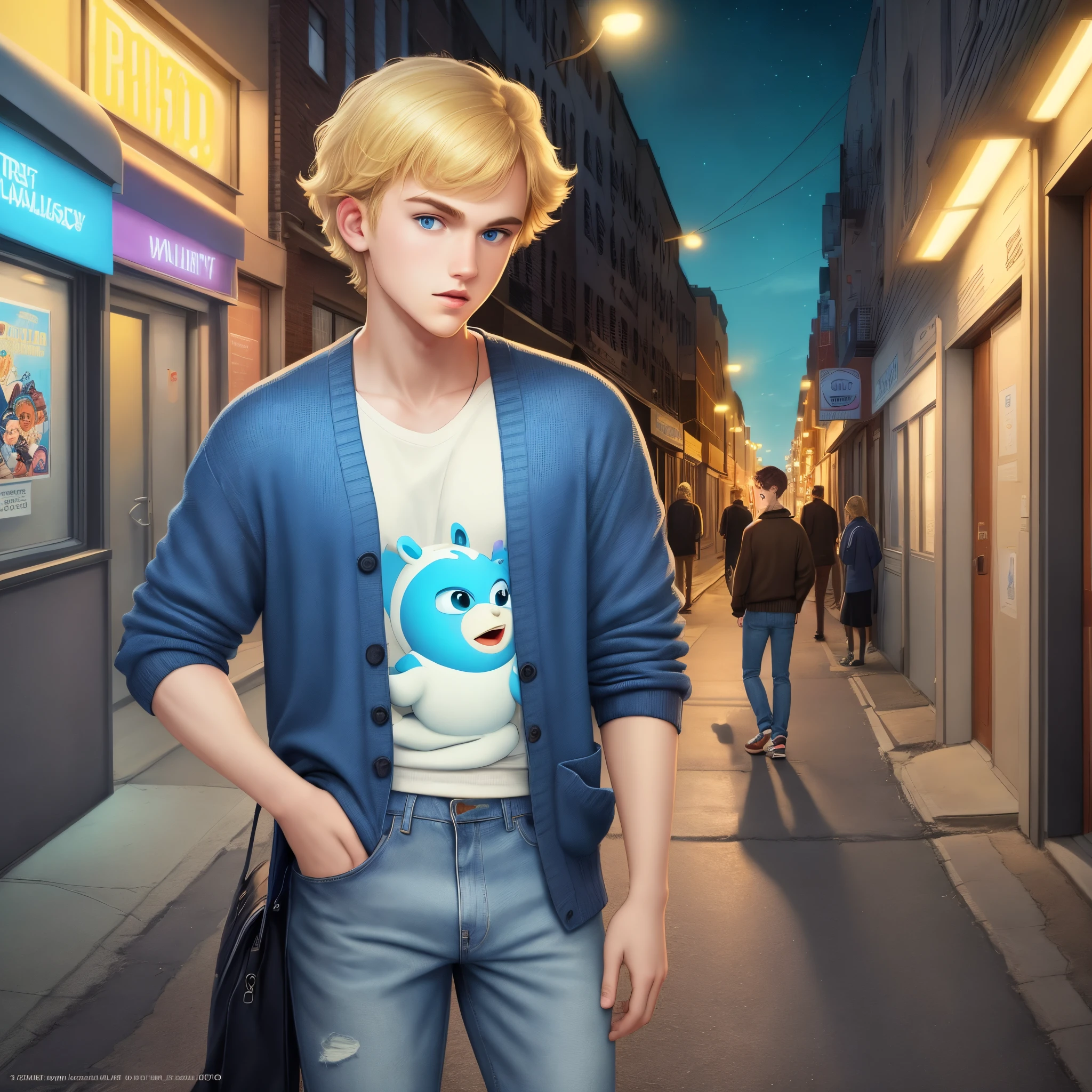 a teenage cartoon character with blonde hair and blue eyes standing under a street light at night alone wearing a white knit cardigan, vintage shirt, and jeans, a poster by Pixar, trending on tumblr, harlem renaissance, movie poster, 2d, official art, movie name is cardigan staring Taylor Swift