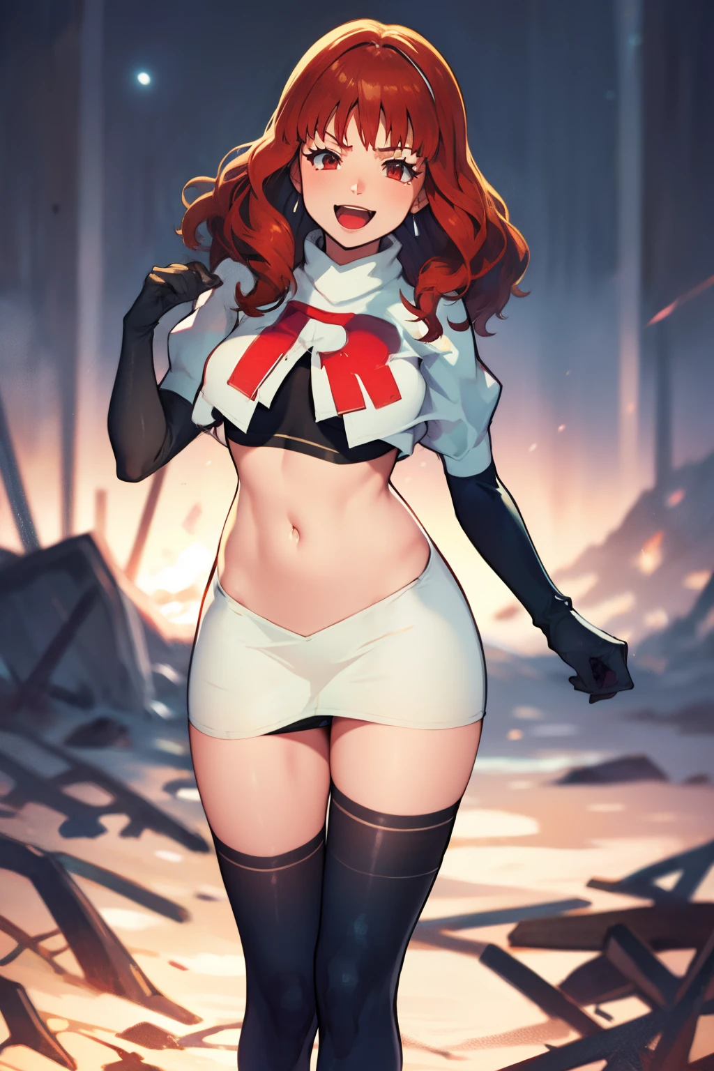 celica fe, team rocket uniform, red letter R, white skirt,white crop top,black thigh-highs,black elbow gloves, evil laugh, cowboy shot, posing, night sky background