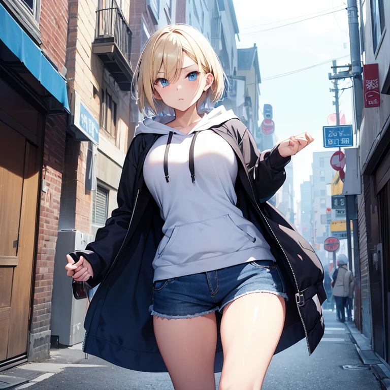 2D Anime Style、Blue eyes、breasts are slightly larger、A cool adult woman with short blonde hair and a serious expression....、Fashion of wearing a hoodie and long coat, walking alone through the streets of america,