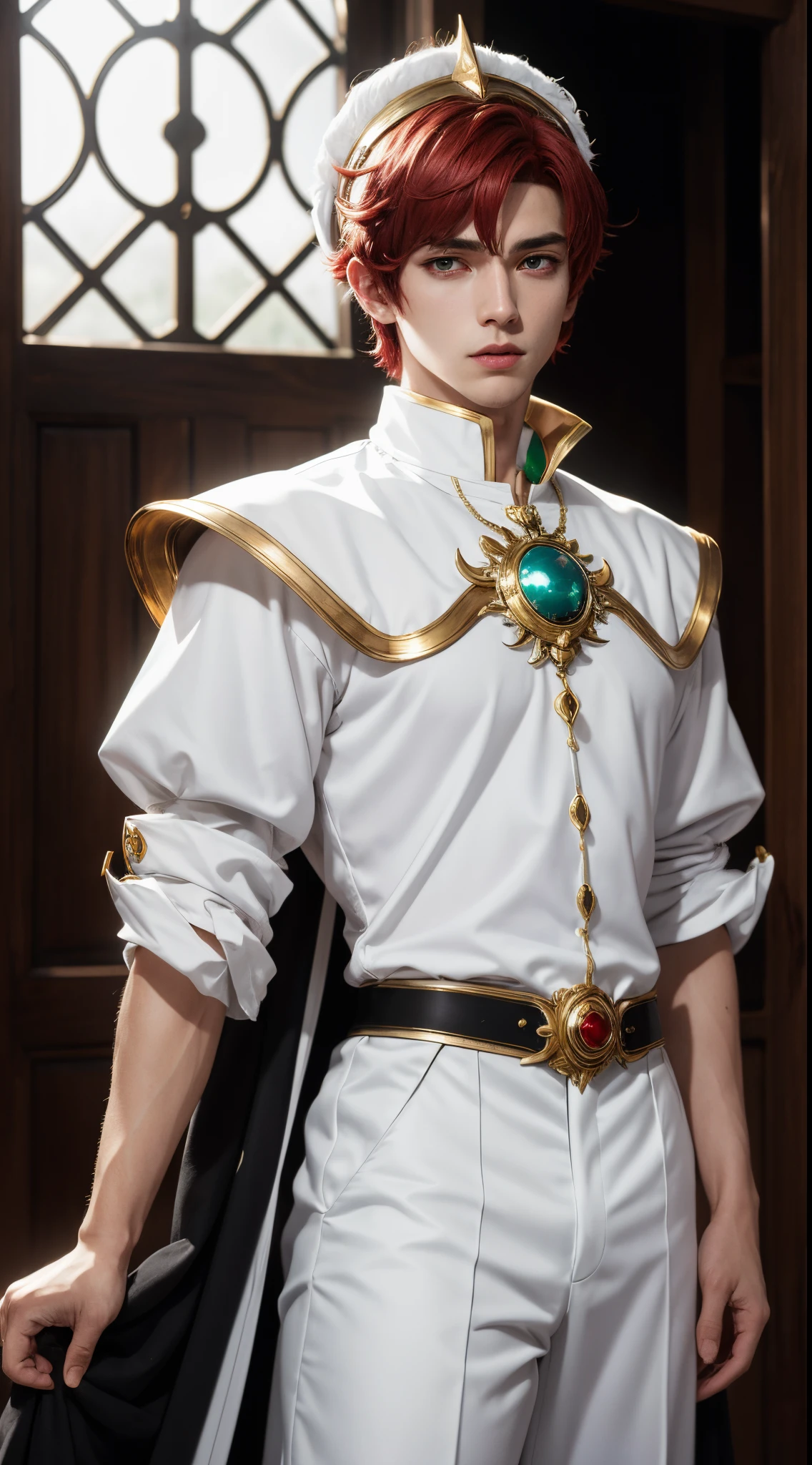 (absurdres, highres, ultra detailed, HDR), masterpiece, best quality, "magic knight rayearth" Character handsome boy in white outfit short hair wearing headgear dark red hair