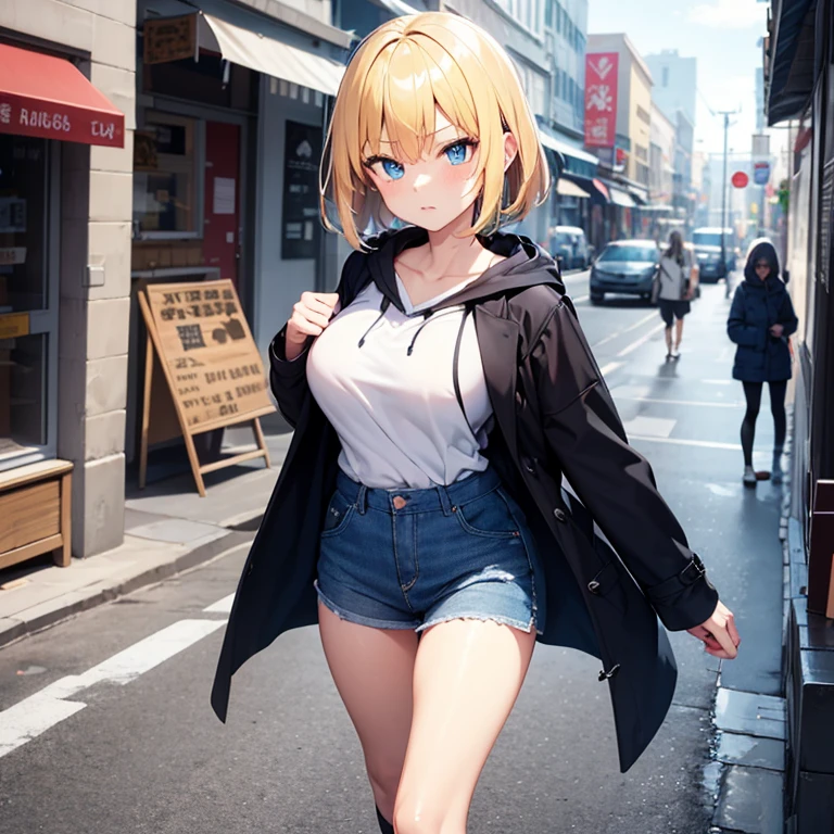 2D Anime Style、Blue eyes、breasts are slightly larger、A cool adult woman with short blonde hair and a serious expression....、Fashion wearing a hoodie and long coat, walk around town alone,