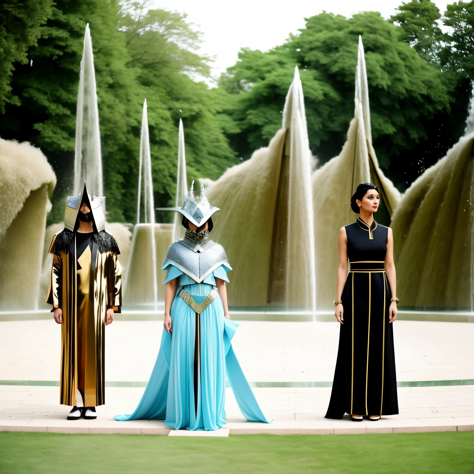 Three people in costumes stood in front of the fountain, triumphant, brutalist fashion show, Pictomorphs, miyamoto abduzeedo, Futurist imperial family, three future princes, perfume, futuristic outfit, Intricate armor costumes, futuristic fashion show, Featuring Illustrated Plasma, mystical fantasy, carton, futuristic clothes, futuristic fashion clothing, Costumes, Future fashion