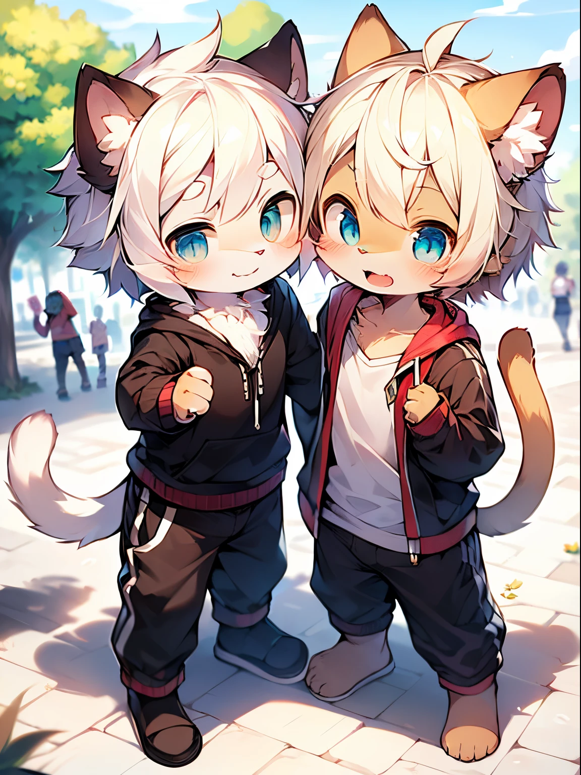 tmasterpiece,high high quality,digitial painting\(a work of art\), dagasi street, Sam,Kiyosan,(human character,Fluffy fur,Character focus:1.1),Human male cat,Short hair details,sporty attire , The eyes are bright, in a panoramic view, Character focus.(detailedbackground:0.7), 独奏, shaggy, shaggy male, malefocus, Flower charcoal,(Full Body Furry, furry tail, White fur, ice-blue-eyes, White hair:1.2), (felid,student clothes,White boxer panties:1.2) two guys,crotch erection