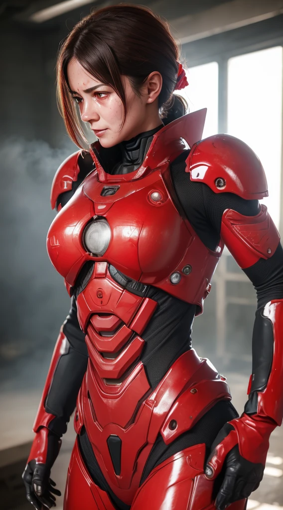 Middle-aged woman　Bright red battlesuit　sexy eye　The  is visible　Fulll body Shot　cute  face　full of sweat　((Eyes can be seen from behind the lens)) posterior view　Steam from the mouth
