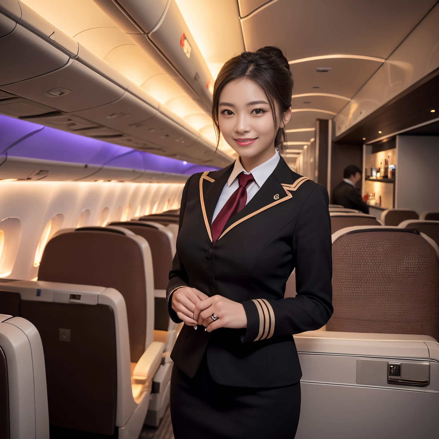 ((top-quality、masutepiece、8K、Top image quality、super-fine))、(1 female stewardess)、(The perfect stewardess uniform:1.5)、standing elegantly、chignon、The background is a high-end restaurant on an airplane.、gothic and gorgeous、Night view from the window、Sit in the window seat、A very beautiful and complex night view、Luxury restaurant with night view、Very complex and detailed night scene、very classy restaurant interior、gorgeous lighting、Dim lighting、A very elegant and classy restaurant、very luxurious atmosphere、The most luxurious and elegant interior、The most exclusive atmosphere in the world))、She's looking at me、Bringing you the happiest smile、Biggest smile、perfect anatomia、A detailed face、Perfect fingers