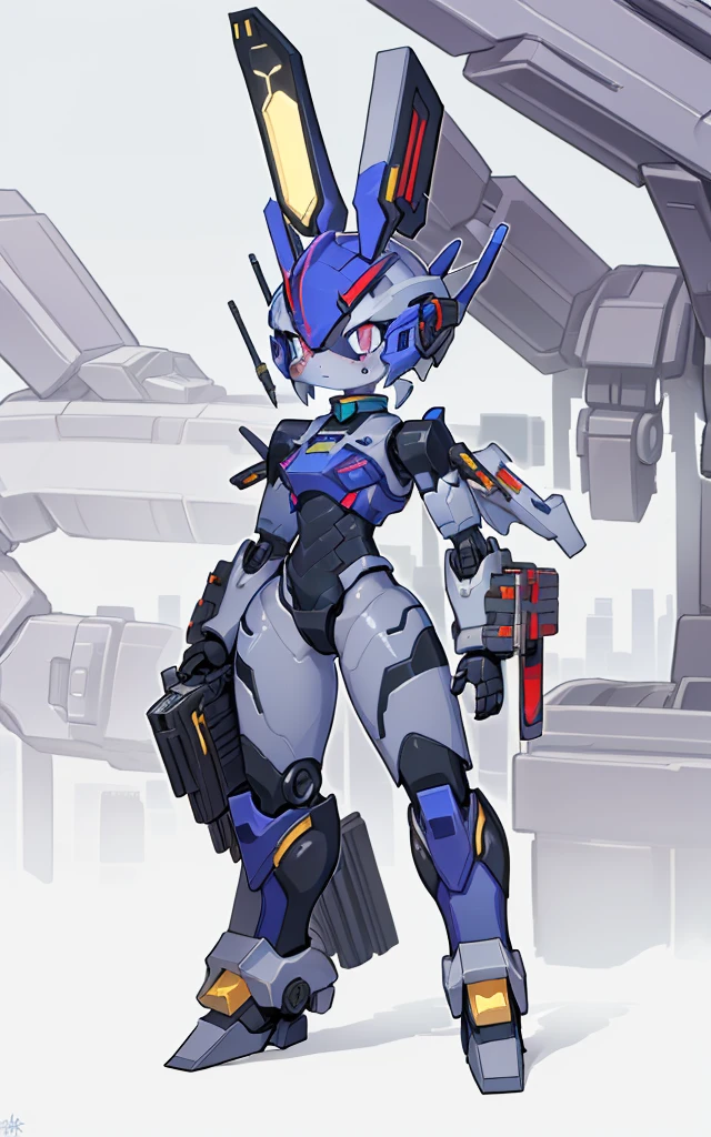 Cartoon image of robot rabbit holding gun, mecha cyber armor, Cool mech style, mechasuit, Full robot full body mecha suit, cyber fight armor, wearing cyber armor, anime mecha armor, Purple armor, Complex assassin mecha, Mecha Inspiration