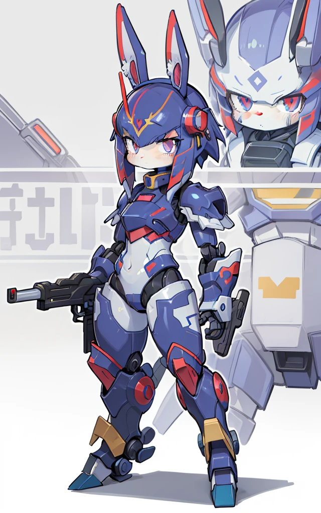 Cartoon image of robot rabbit holding gun, mecha cyber armor, Cool mech style, mechasuit, Full robot full body mecha suit, cyber fight armor, wearing cyber armor, anime mecha armor, Purple armor, Complex assassin mecha, Mecha Inspiration