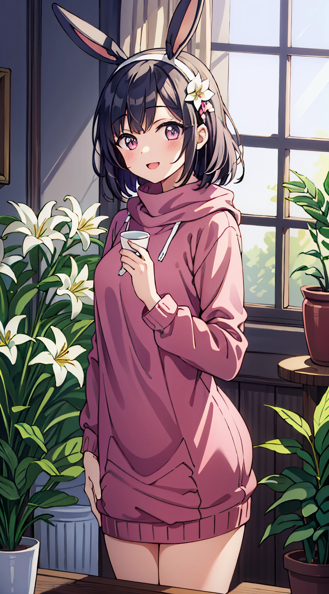 (Absurd realistic structure details),(High resolution complex and detailed text quality),(High-resolution microstructure, rendering correction),Methods of geometry,Careful explanatory anatomy,
BREAK,
1girl in, (17 years old girl), Very detailed, colourfull, highest details, 1 beautiful girl, Solo,(Cute:1.5),(Chibi:0.8), (kawaii:1.5),(Lori:0.5),(girl, Cute, Cheerful, Loli face, slightly bulging chest),(A dark-haired,Disheveled short bob,tareme,Pink eyes:1.2),(sano,A smile,Bad face:1.2), (White rabbit ear headband:1.2),Shiny skin,Clear skin, Beautiful skin,(best quality face),(Top quality glowing eyes), BREAK (Transparency Theme:1.4), (Vivid colors:1.3) ((knit sweater:1.2)), shirt tug
spot lighting, BREAK,
BREAK, ((Wonderland)),inside in room, above, bed room,Gothic decoration,((cup,flower, hoods,Indoors, Lily \(flower\),plant, potted plant, Standing, The table, vases, white blossoms, window:1.5),(symbolic:1.2),depth of fields,
BREAK,wakame,wakame,wakame,(Dynamic Angle:1.4),
BREAK,(Blurry background:1.3),(absurderes, hight resolution, Super Detail Art),cel shading,Clear Color, Lonely optical effect, Beautiful pictures, Bright glow, mystic atmosphere,(Close-up of girl:1.1), Mystical light particle effect,manga influence, clean line drawings,