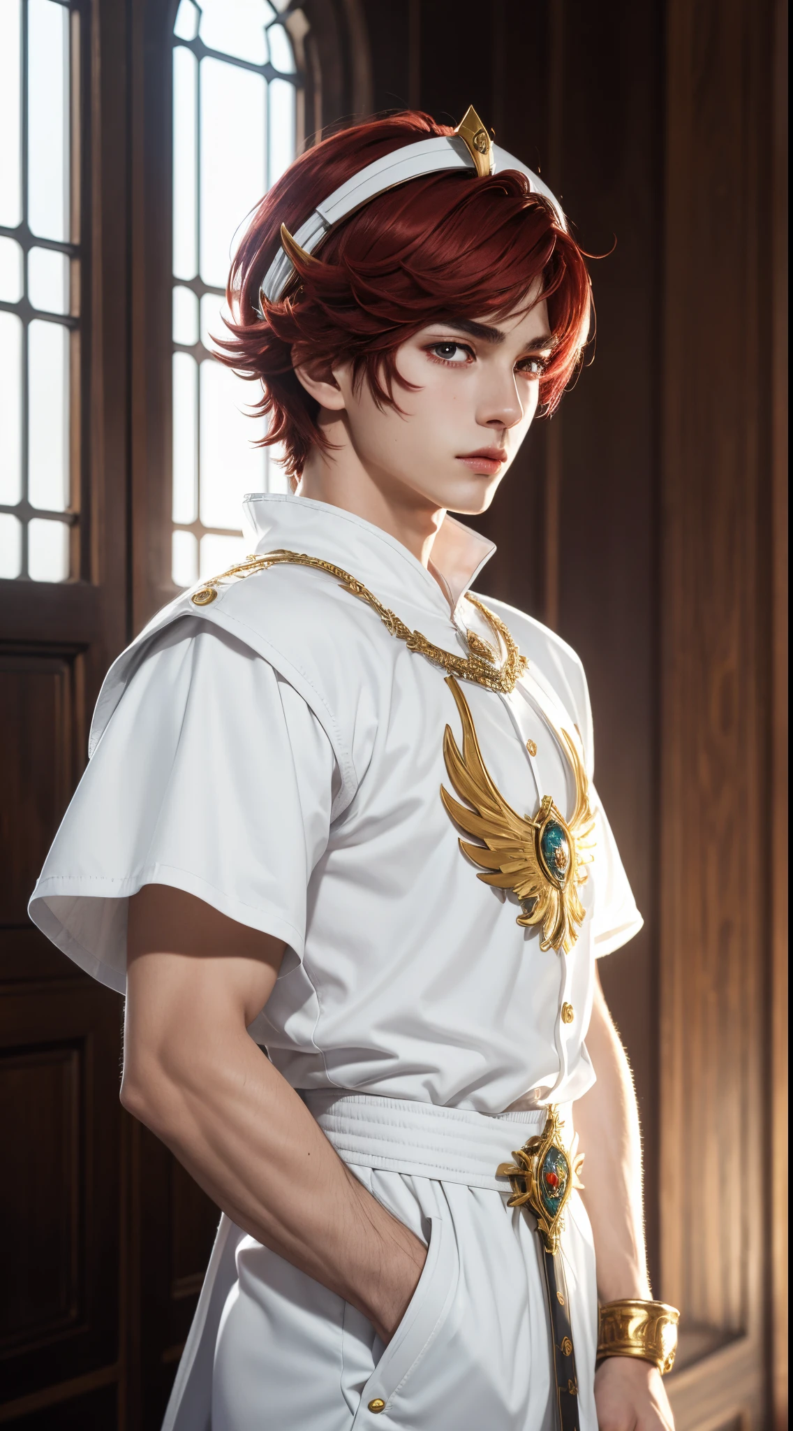 (absurdres, highres, ultra detailed, HDR), masterpiece, best quality, "magic knight rayearth" Character handsome boy in white outfit short hair wearing headgear dark red hair