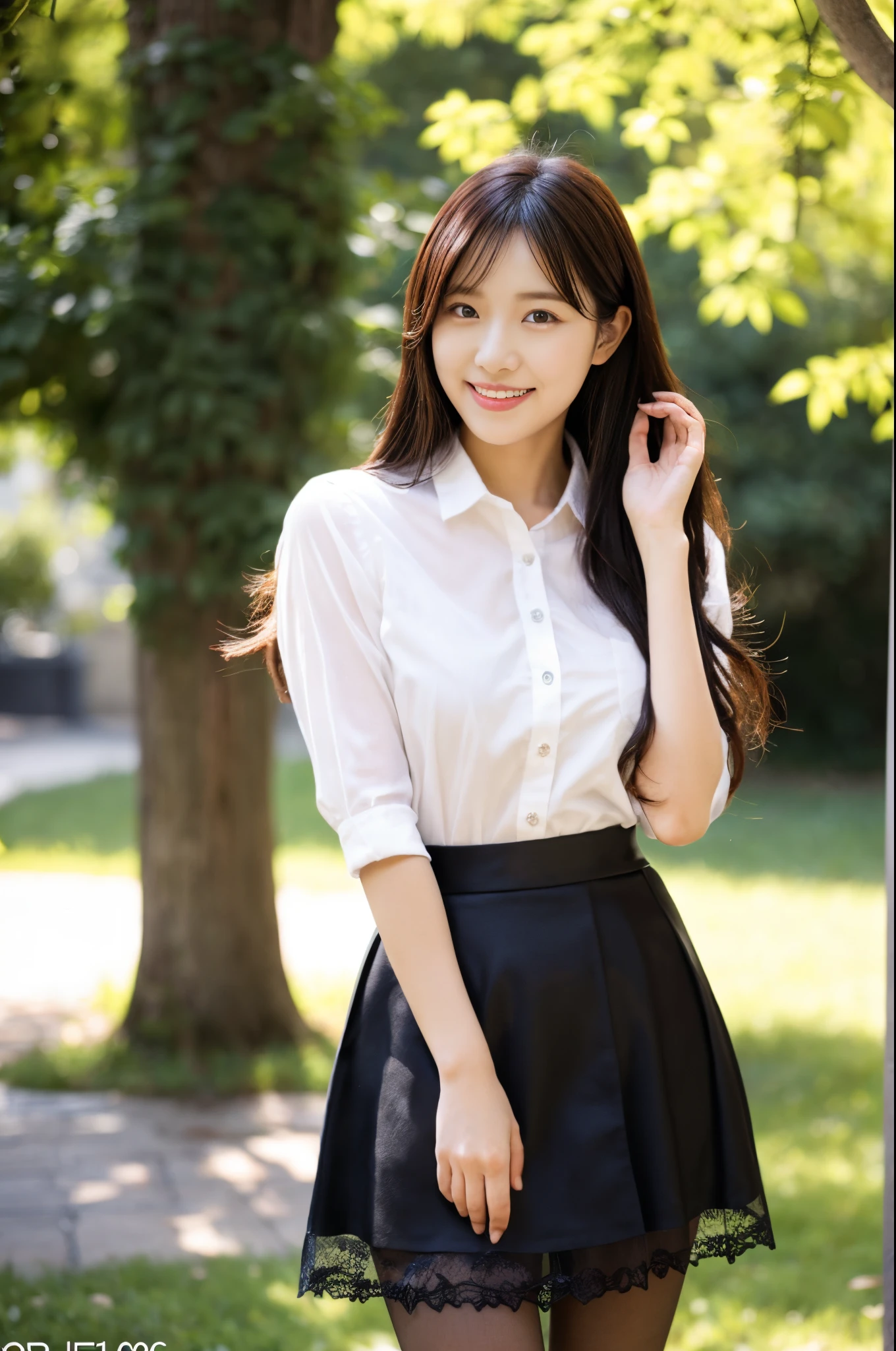 Ulzan-6500-V1.1, (original photo:1.2), (Photorealistic),(real: 1.4), Popular actress、(White shirt:1.2), (Black lace dress:1.3)、(Super realistic pantyhose:1.2), game_nffsw, Ultra-realistic skin texture、Smooth skin、Turn around、Show your thighs!!!、shameful smile、Shooting posture、Sunlight、quiet park、
