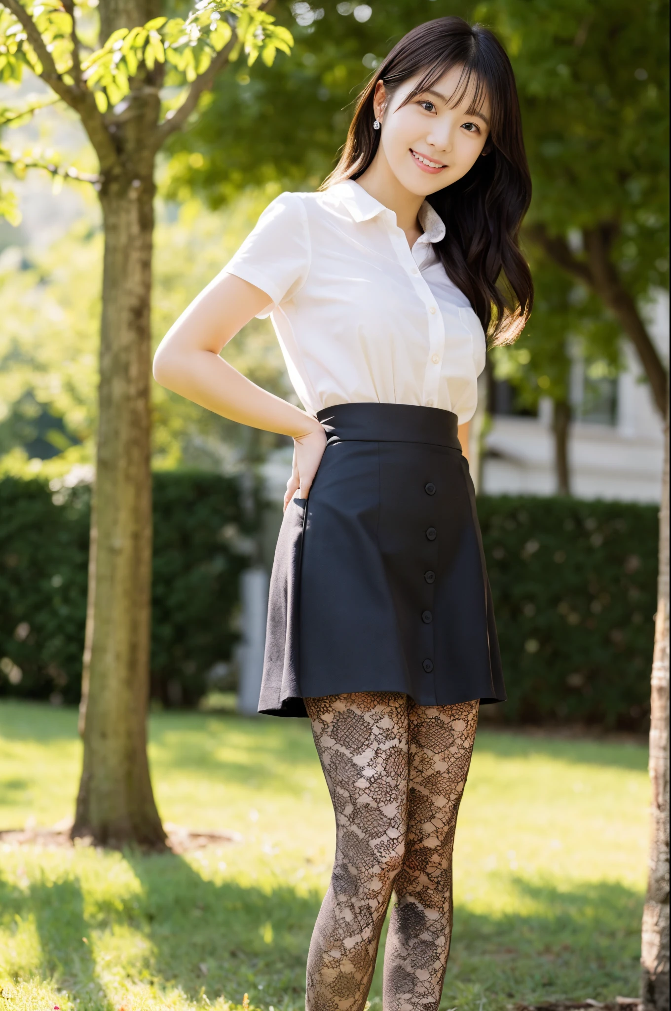 ulzzang -6500-v1.1, (Raw photo:1.2), (Photorealsitic),(Real: 1.4),  Popular actresses、(white  shirt:1.2), (black lace skirt:1.3)、(Ultra-realistic pantyhose:1.2), game_nffsw,  Ultra-realistic skin texture、shinny skin、turned around、Exposed thighs!!!、Smile of shame、Pose for shooting、Sunlight、Quiet park、