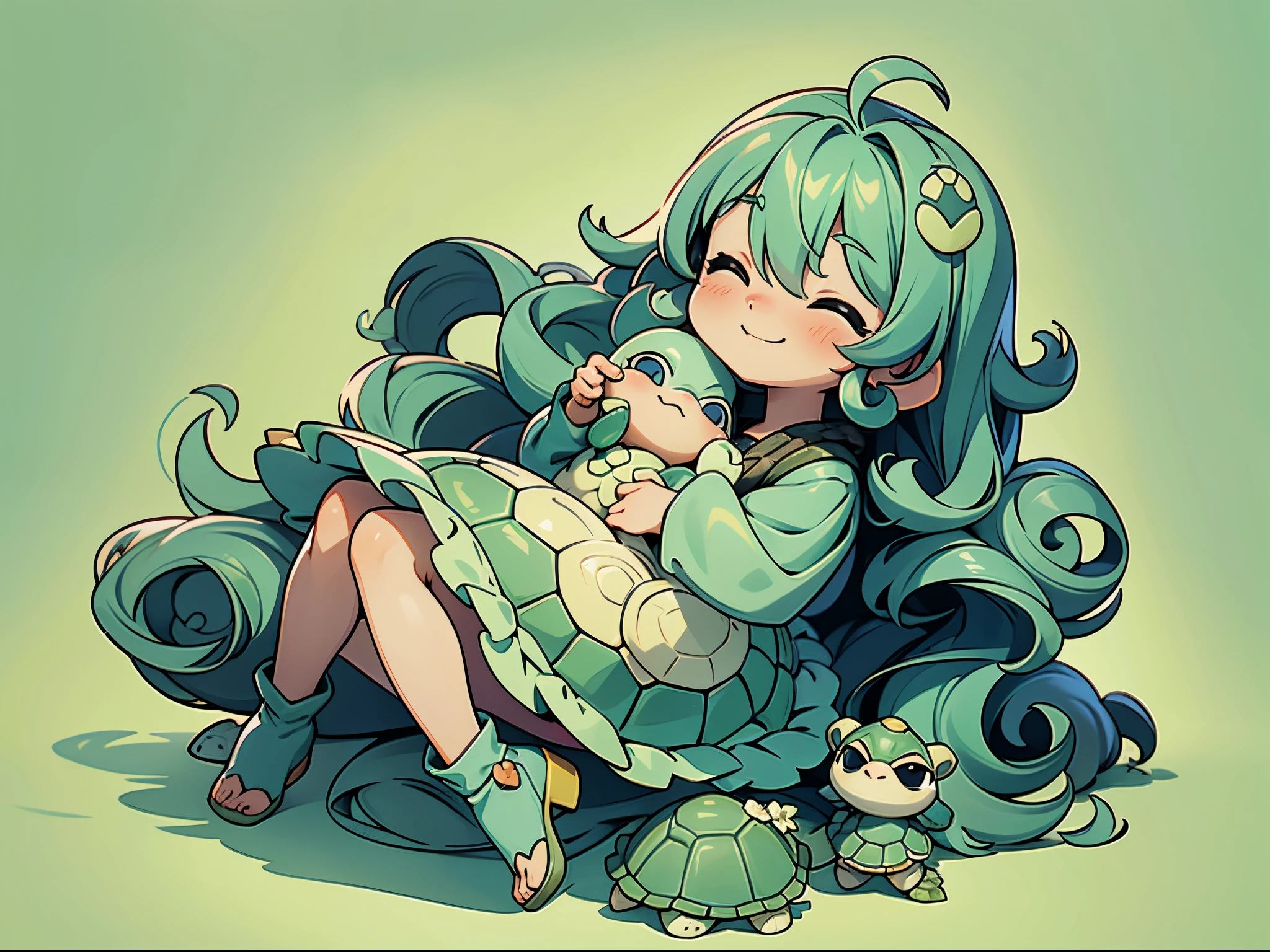 Masterpiece, best quality, high quality, ultra detailed, digital art, Personification of the turtle, Yuru Chara Style, Carry a turtle carapace on back, sleepy face, curl up, happy, holding cute turtle baby