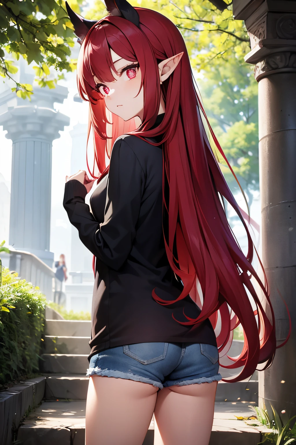 1woman, Baobhan Sith, Long red hair, gray eyes, pointy ears, Sheer shirt, red left shirt, denim shorts, looking at the viewer, full-length, hands behind his back, park., (unusual pupils), (glowing eyes), (magic eyes), Baobhan Sith, Long red hair, gray eyes, black crown, Back to viewer, looking over shoulder