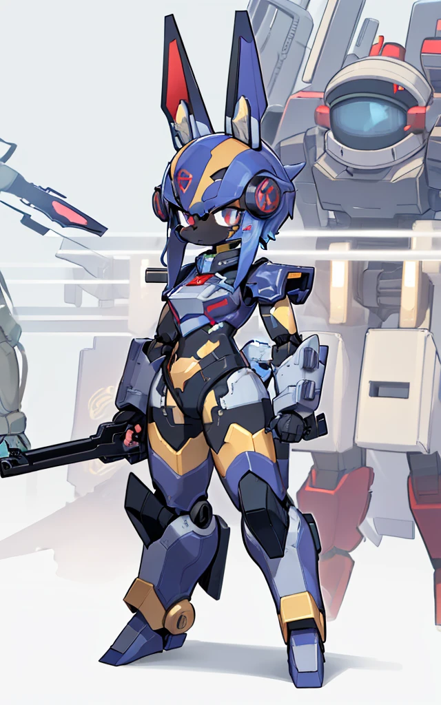 Cartoon image of robot rabbit holding gun, mecha cyber armor, Cool mech style, Mecha suit, Full robot full body mecha suit, cyber fight armor, wearing cyber armor, anime mecha armor, Purple armor, Complex assassin mecha, Mecha Inspiration
